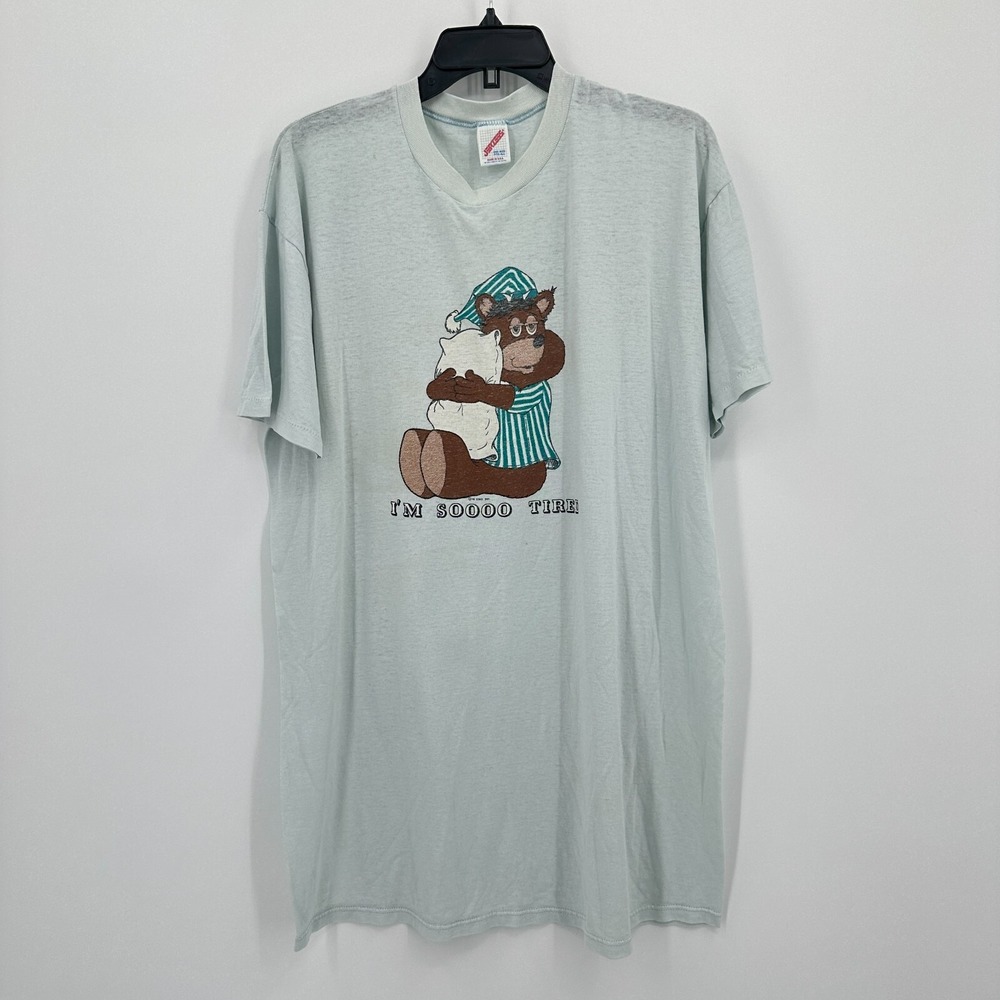 Vtg Jerzees Sleepy Bear Nightshirt OS Blue USA 1986 Single Stitch Paper Thin